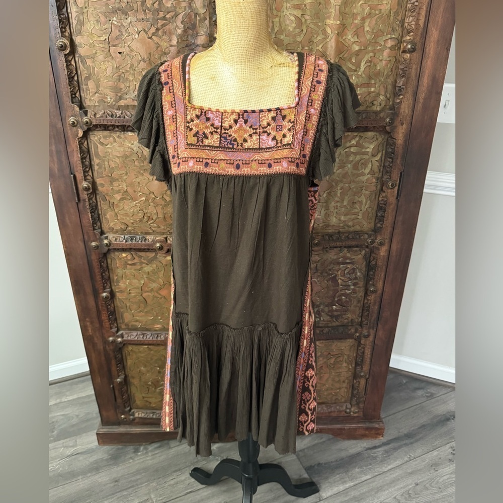 Free People Olive Embroidered Midi Dress with Pink Accent